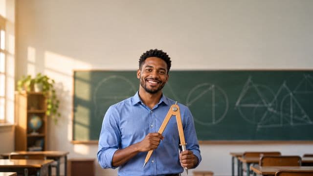 Professor de exatas sorrindo, com camisa social azul, segurando um compasso de madeira, em uma sala de aula com lousa coberta de formas geométricas