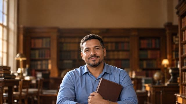 Teólogo sorrindo, com camisa social azul, segurando um livro de capa lisa, em uma biblioteca antiga com estantes de madeira