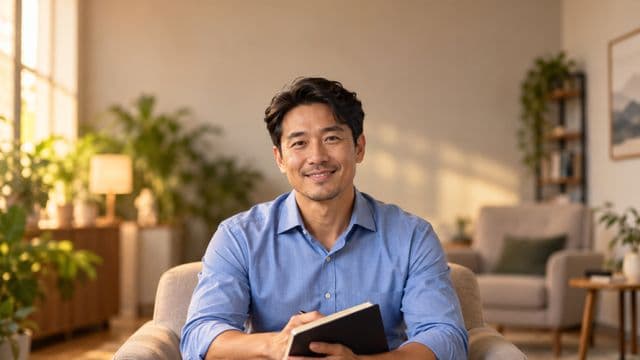 Psicólogo sorrindo, com camisa social azul, sem gravata, segurando um caderno de anotações, em um consultório de psicologia aconchegante com poltronas e plantas