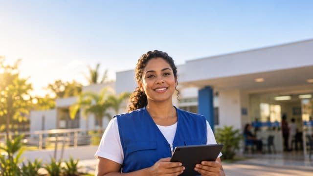 Agente de saúde pública sorrindo, com colete azul de equipe de saúde sobre camisa branca, segurando um tablet, em uma unidade básica de saúde moderna