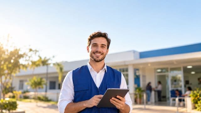 Agente de saúde pública sorrindo, com colete azul de equipe de saúde sobre camisa branca, segurando um tablet, em uma unidade básica de saúde moderna