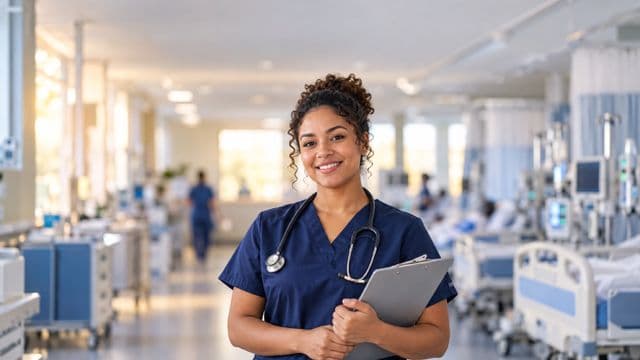 Enfermeira sorrindo, com uniforme hospitalar azul-marinho e estetoscópio no pescoço, segurando uma prancheta, em o corredor de um hospital moderno e bem iluminado, com leitos e equipamentos