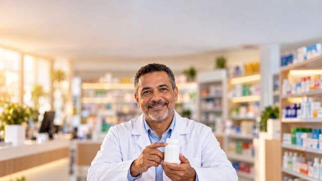 Farmacêutico sorrindo, com jaleco branco, segurando um frasco de medicamento sem rótulo legível, em uma farmácia moderna com prateleiras organizadas