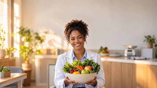 Nutricionista sorrindo, com jaleco branco sobre camisa azul-clara, segurando uma tigela de frutas e legumes frescos, em um consultório de nutrição claro com bancada e balança
