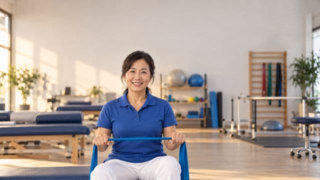 Fisioterapeuta sorrindo, com camisa polo azul e calça branca, segurando uma faixa elástica de exercício, em uma clínica de fisioterapia com macas e aparelhos