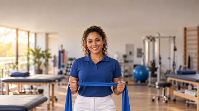 Fisioterapeuta sorrindo, com camisa polo azul e calça branca, segurando uma faixa elástica de exercício, em uma clínica de fisioterapia com macas e aparelhos