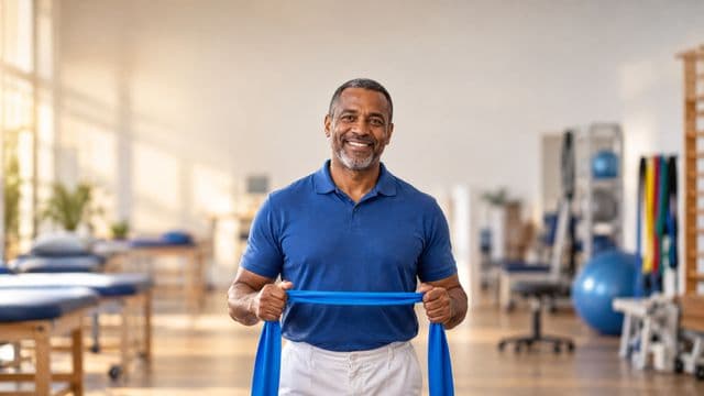 Fisioterapeuta sorrindo, com camisa polo azul e calça branca, segurando uma faixa elástica de exercício, em uma clínica de fisioterapia com macas e aparelhos