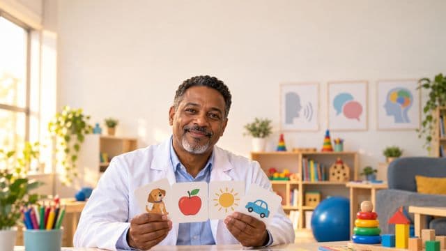 Fonoaudiólogo sorrindo, com jaleco branco sobre camisa azul-clara, segurando cartões ilustrados de fala, em um consultório de fonoaudiologia claro e acolhedor