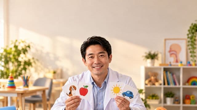 Fonoaudiólogo sorrindo, com jaleco branco sobre camisa azul-clara, segurando cartões ilustrados de fala, em um consultório de fonoaudiologia claro e acolhedor