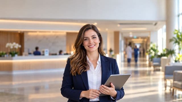 Gestora hospitalar sorrindo, com blazer azul-marinho sobre camisa branca, segurando um tablet, em a recepção de um hospital moderno