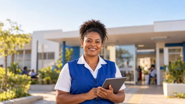 Agente de saúde pública sorrindo, com colete azul de equipe de saúde sobre camisa branca, segurando um tablet, em uma unidade básica de saúde moderna