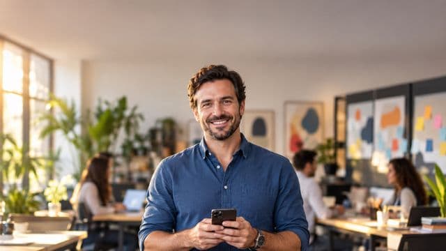 Profissional de marketing sorrindo, com camisa casual azul, segurando um smartphone, em uma agência criativa moderna com equipe desfocada e quadros de ideias