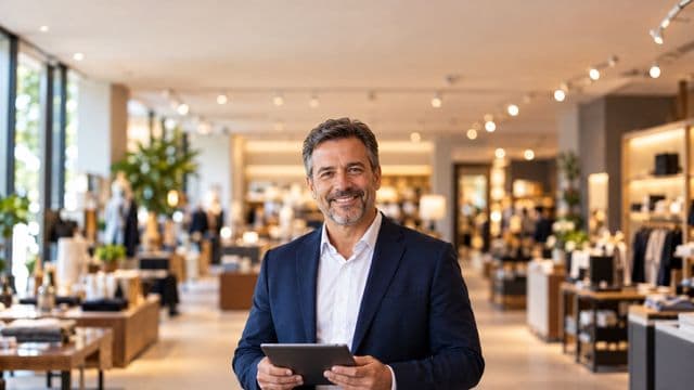 Gerente comercial sorrindo, com blazer azul-marinho sobre camisa branca, segurando um tablet, em uma loja moderna e bem iluminada