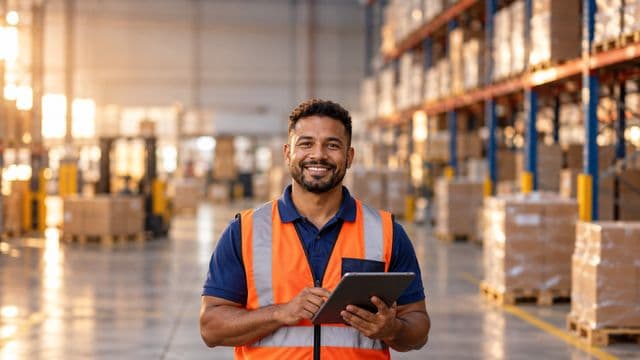Profissional de logística sorrindo, com colete refletivo laranja sobre camisa polo azul, segurando um tablet, em um centro de distribuição com prateleiras altas e caixas