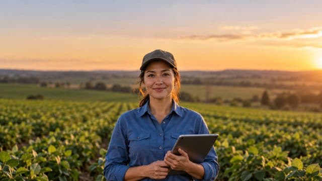 Engenheira agrônoma sorrindo, com camisa azul de mangas compridas e boné, segurando um tablet, em uma plantação extensa no fim da tarde