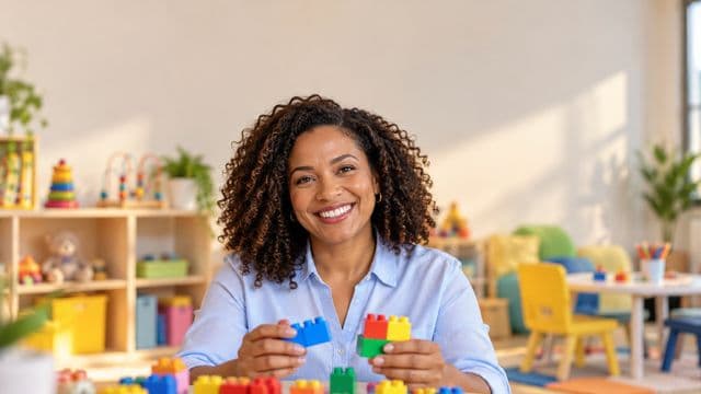 Psicopedagoga sorrindo, com camisa azul-clara, segurando blocos de montar coloridos, em uma sala de atendimento infantil colorida e organizada, com brinquedos pedagógicos