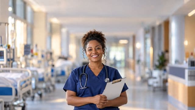 Enfermeira sorrindo, com uniforme hospitalar azul-marinho e estetoscópio no pescoço, segurando uma prancheta, em o corredor de um hospital moderno e bem iluminado, com leitos e equipamentos