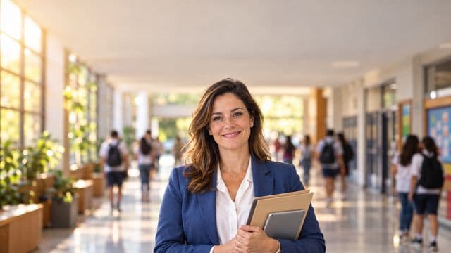 Gestora escolar sorrindo, com blazer azul sobre camisa branca, segurando uma pasta e um tablet, em o corredor de uma escola moderna com alunos desfocados