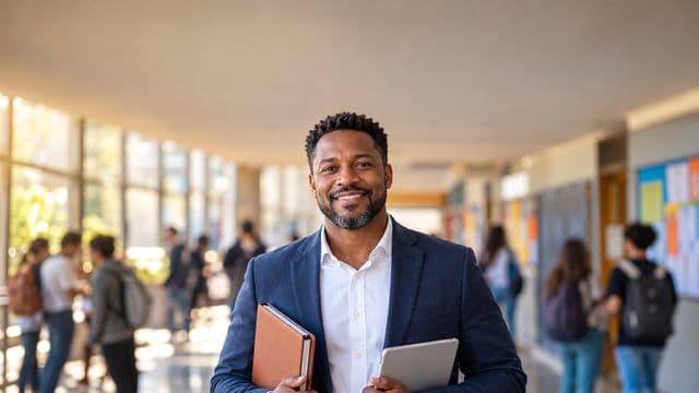Gestor escolar sorrindo, com blazer azul sobre camisa branca, segurando uma pasta e um tablet, em o corredor de uma escola moderna com alunos desfocados