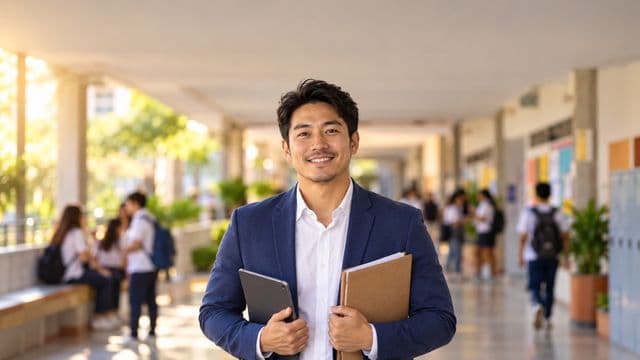 Gestor escolar sorrindo, com blazer azul sobre camisa branca, segurando uma pasta e um tablet, em o corredor de uma escola moderna com alunos desfocados