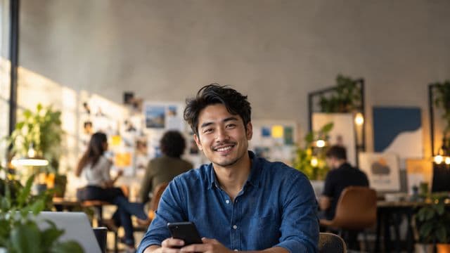 Profissional de marketing sorrindo, com camisa casual azul, segurando um smartphone, em uma agência criativa moderna com equipe desfocada e quadros de ideias