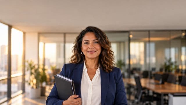 Profissional de recursos humanos sorrindo, com blazer azul sobre camisa branca, segurando uma pasta de documentos, em um escritório moderno com uma sala de reunião envidraçada