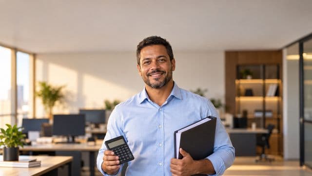 Contador sorrindo, com camisa social azul-clara, segurando uma calculadora e uma pasta de documentos, em um escritório contábil moderno