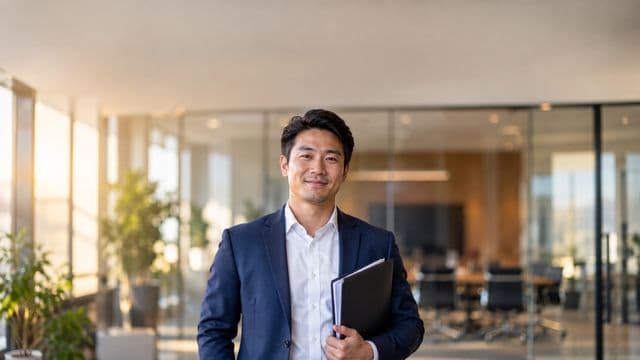 Profissional de recursos humanos sorrindo, com blazer azul sobre camisa branca, segurando uma pasta de documentos, em um escritório moderno com uma sala de reunião envidraçada