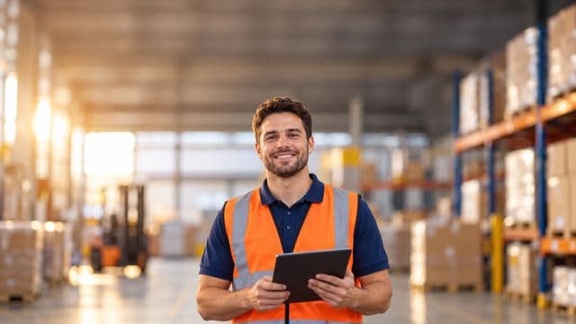 Profissional de logística sorrindo, com colete refletivo laranja sobre camisa polo azul, segurando um tablet, em um centro de distribuição com prateleiras altas e caixas