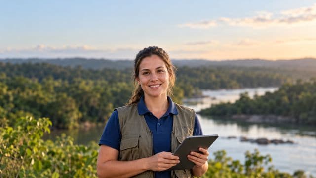 Gestora ambiental sorrindo, com camisa polo azul e colete de campo, segurando um tablet, em uma área de preservação com mata e um rio