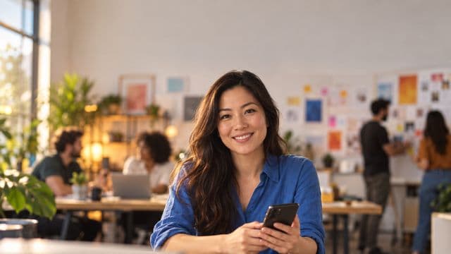 Profissional de marketing sorrindo, com camisa casual azul, segurando um smartphone, em uma agência criativa moderna com equipe desfocada e quadros de ideias