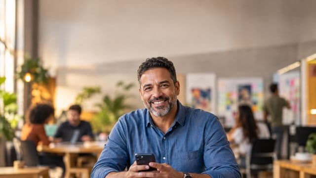 Profissional de marketing sorrindo, com camisa casual azul, segurando um smartphone, em uma agência criativa moderna com equipe desfocada e quadros de ideias