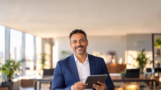 Profissional sorrindo, com blazer azul sobre camisa branca, segurando um tablet, em um escritório moderno e bem iluminado