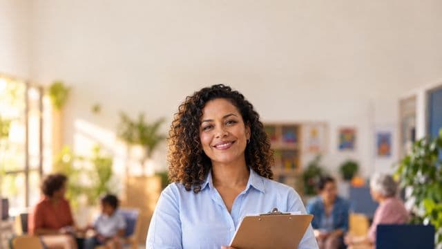 Assistente social sorrindo, com camisa azul-clara, segurando uma prancheta, em um centro de assistência social claro e acolhedor