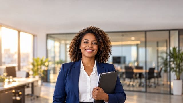 Profissional de recursos humanos sorrindo, com blazer azul sobre camisa branca, segurando uma pasta de documentos, em um escritório moderno com uma sala de reunião envidraçada
