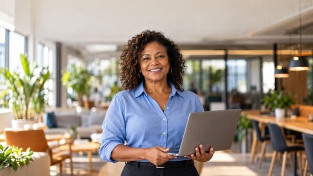 Empreendedora sorrindo, com camisa social azul com as mangas dobradas, segurando um notebook, em um espaço de coworking moderno e iluminado
