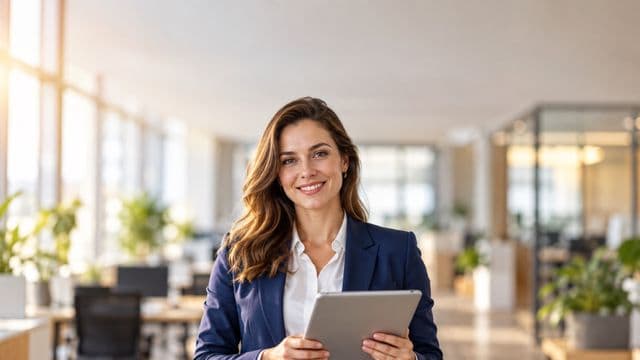 Profissional sorrindo, com blazer azul sobre camisa branca, segurando um tablet, em um escritório moderno e bem iluminado
