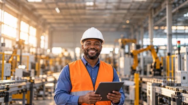 Engenheiro de produção sorrindo, com capacete branco e colete laranja sobre camisa azul, segurando um tablet, em uma fábrica moderna com linha de produção e braços robóticos