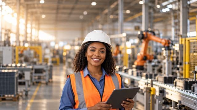 Engenheira de produção sorrindo, com capacete branco e colete laranja sobre camisa azul, segurando um tablet, em uma fábrica moderna com linha de produção e braços robóticos