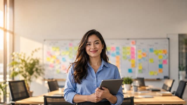 Gerente de projetos sorrindo, com camisa social azul, segurando um tablet, em uma sala de reunião com um quadro de tarefas cheio de post-its coloridos