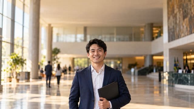 Servidor público sorrindo, com blazer azul-marinho sobre camisa branca, segurando uma pasta, em o saguão amplo de um prédio público moderno