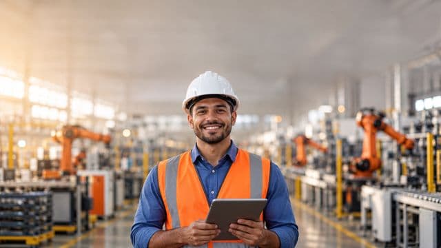 Engenheiro de produção sorrindo, com capacete branco e colete laranja sobre camisa azul, segurando um tablet, em uma fábrica moderna com linha de produção e braços robóticos