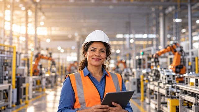 Engenheira de produção sorrindo, com capacete branco e colete laranja sobre camisa azul, segurando um tablet, em uma fábrica moderna com linha de produção e braços robóticos