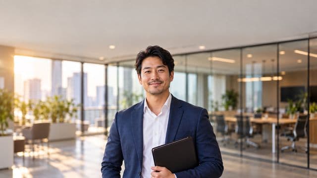 Profissional de recursos humanos sorrindo, com blazer azul sobre camisa branca, segurando uma pasta de documentos, em um escritório moderno com uma sala de reunião envidraçada