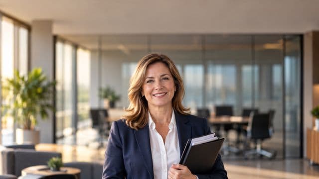 Profissional de recursos humanos sorrindo, com blazer azul sobre camisa branca, segurando uma pasta de documentos, em um escritório moderno com uma sala de reunião envidraçada