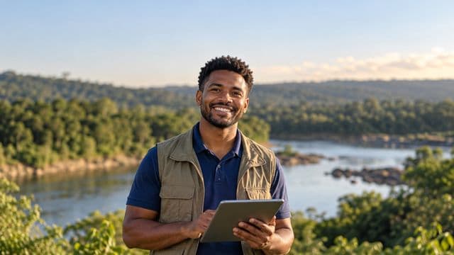 Gestor ambiental sorrindo, com camisa polo azul e colete de campo, segurando um tablet, em uma área de preservação com mata e um rio