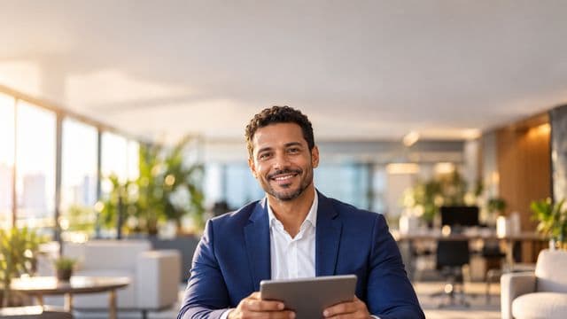 Profissional sorrindo, com blazer azul sobre camisa branca, segurando um tablet, em um escritório moderno e bem iluminado