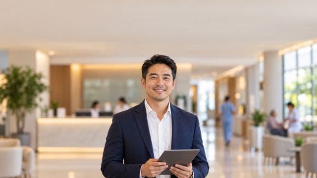 Gestor hospitalar sorrindo, com blazer azul-marinho sobre camisa branca, segurando um tablet, em a recepção de um hospital moderno