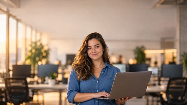 Desenvolvedora de software sorrindo, com camisa casual azul, segurando um notebook aberto, em um escritório de tecnologia moderno com monitores desfocados