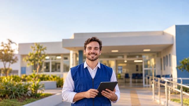 Agente de saúde pública sorrindo, com colete azul de equipe de saúde sobre camisa branca, segurando um tablet, em uma unidade básica de saúde moderna